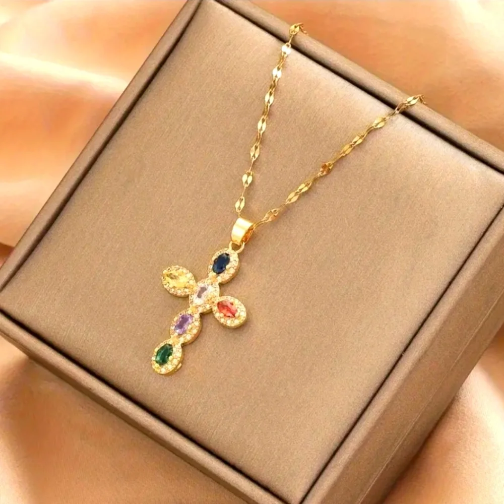 Ladies Elegant Multicolor Gemstone Cross Pendant Necklace